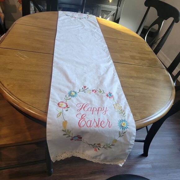 Easter Table Runner 14 × 74 Embroidered Happy Easter Floral ring Linen Feel - Picture 4 of 10